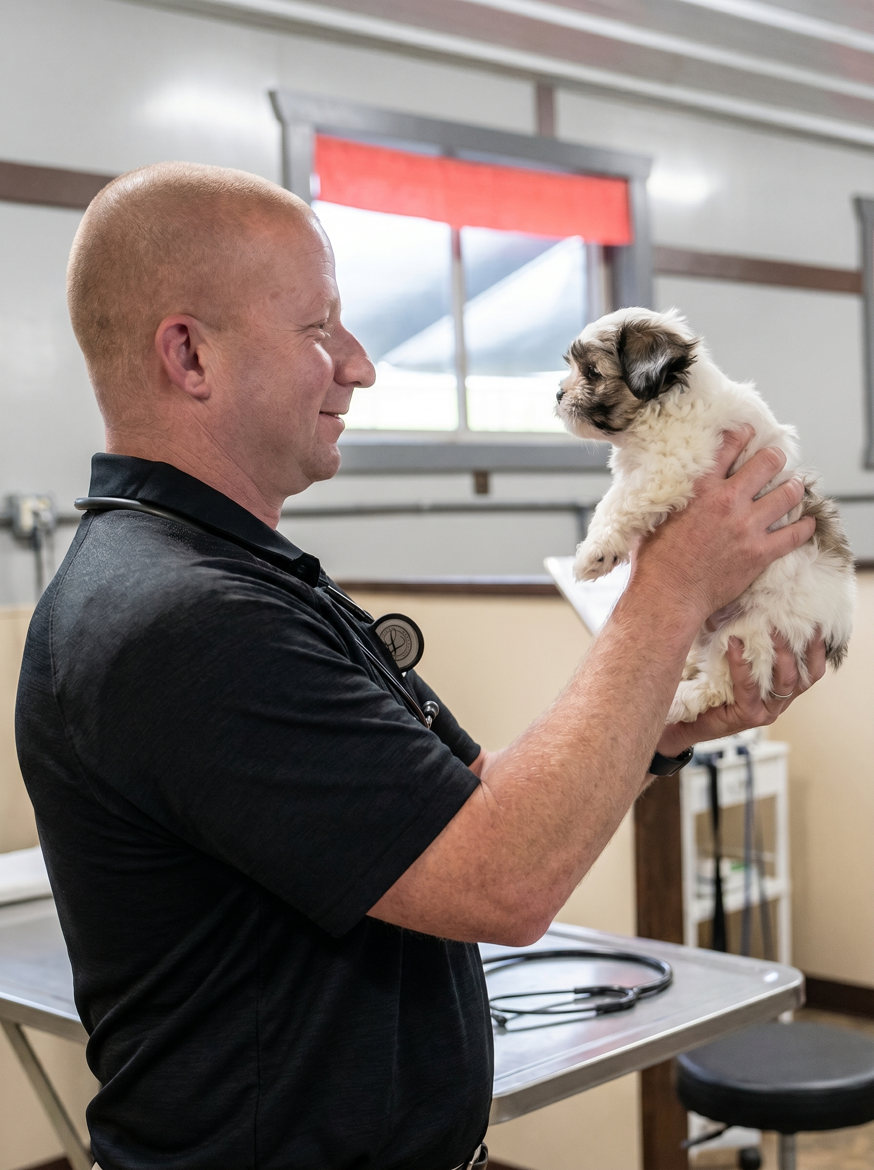 Licensed veterinarian conducting independent medical evaluation for a Seaside Pups breeder