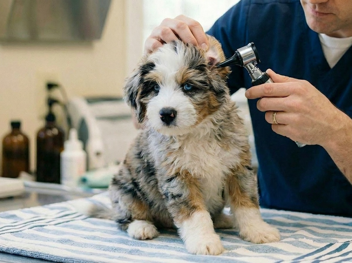 Veterinarian performing a pre-placement nose-to-tail examination on a Seaside Pups puppy