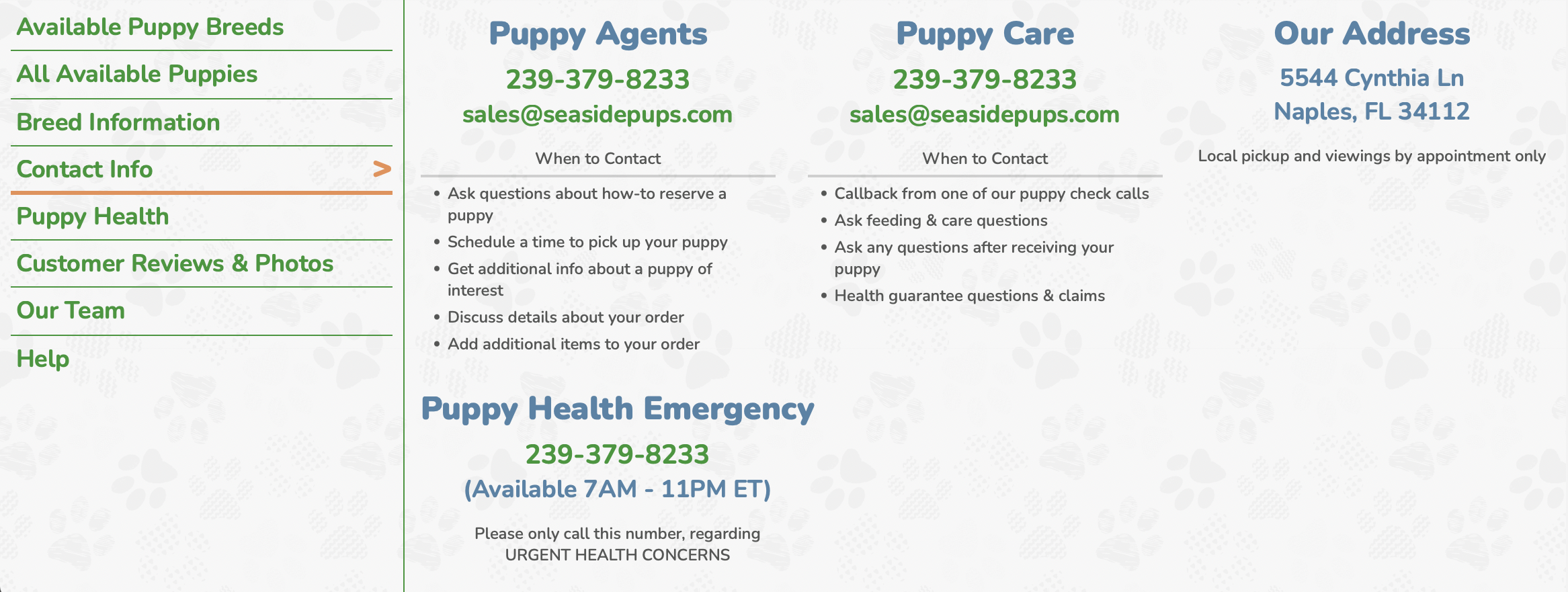 seaside pups contact information for customers